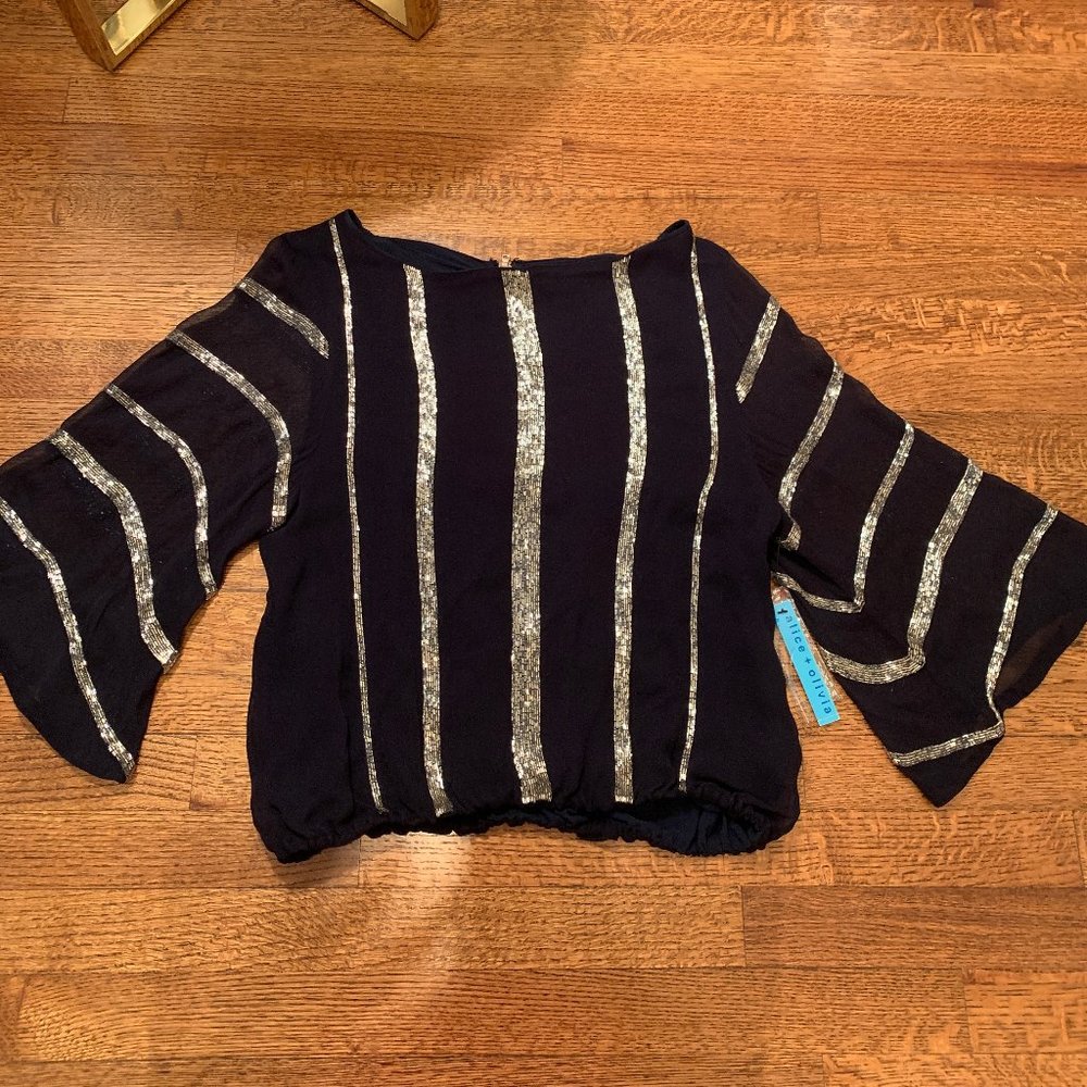 Alice+Olivia Navy Silk Beaded Blouse